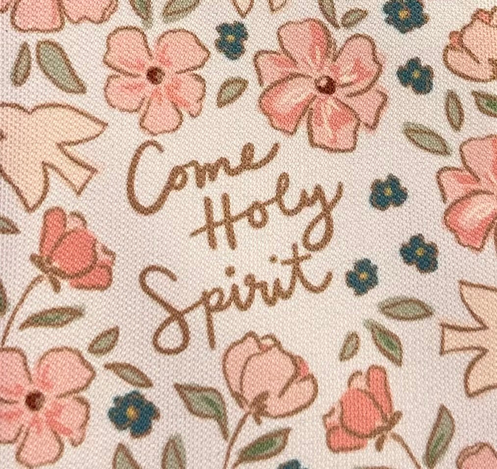 Floral pattern with 'Come Holy Spirit' text on a textured background