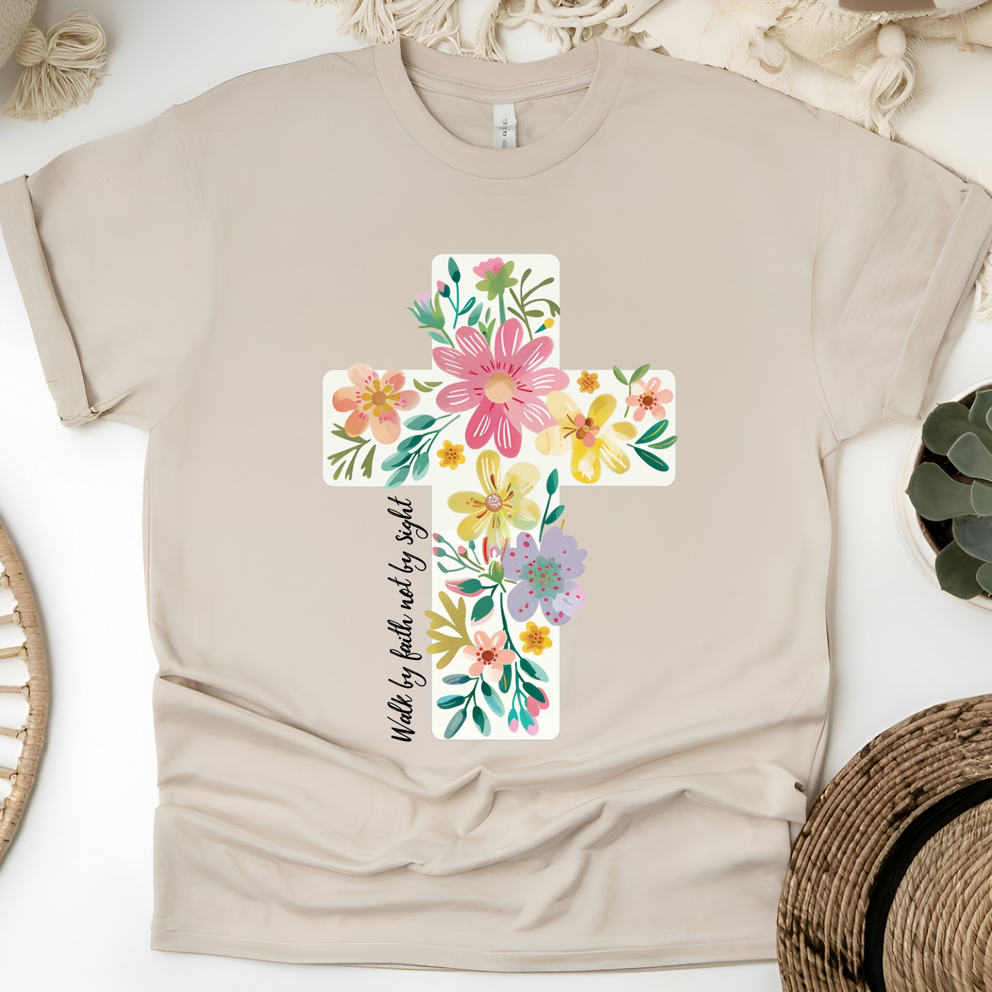 Jesus Is the Light – Walk by Faith Floral Cross Tee