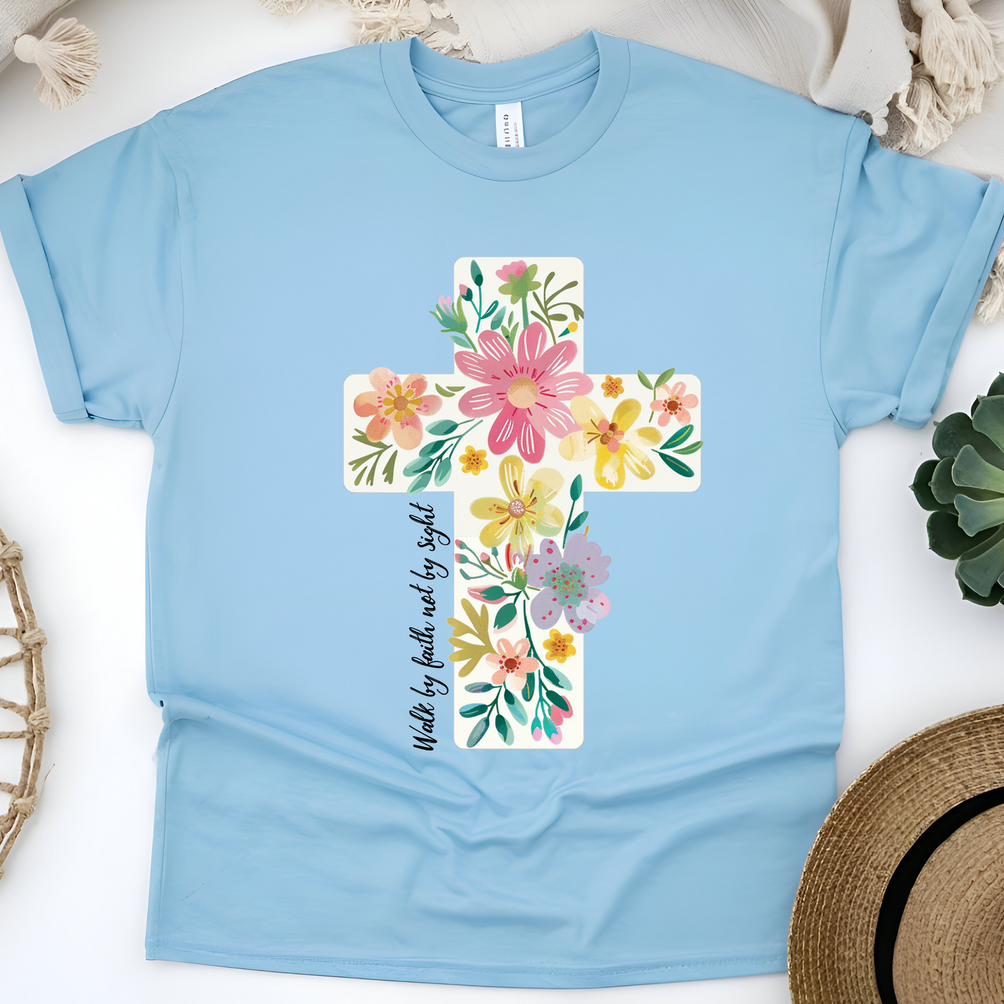 Jesus Is the Light – Walk by Faith Floral Cross Tee