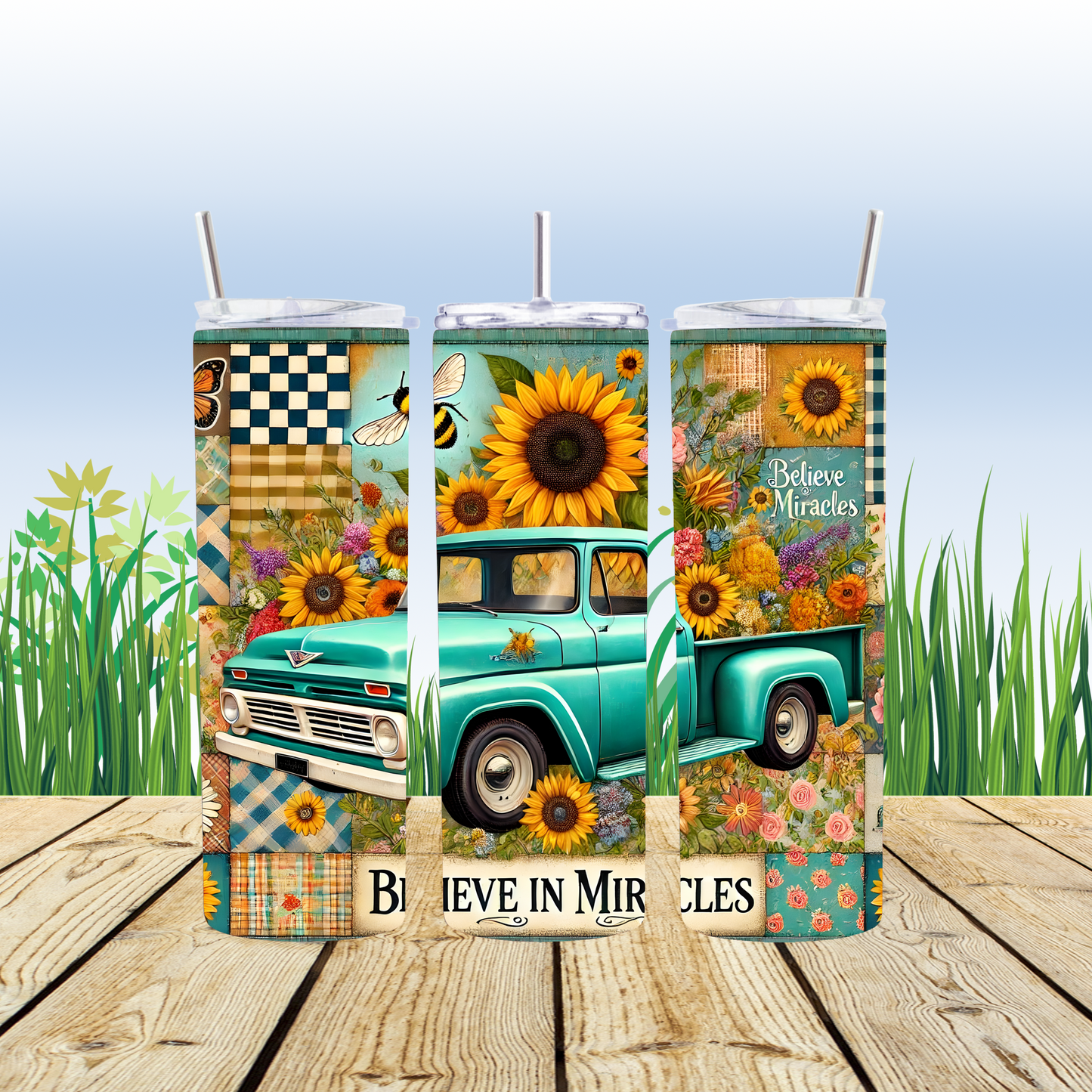 "Believe in Miracles" Sunflower & Vintage Truck 20 oz Tumbler