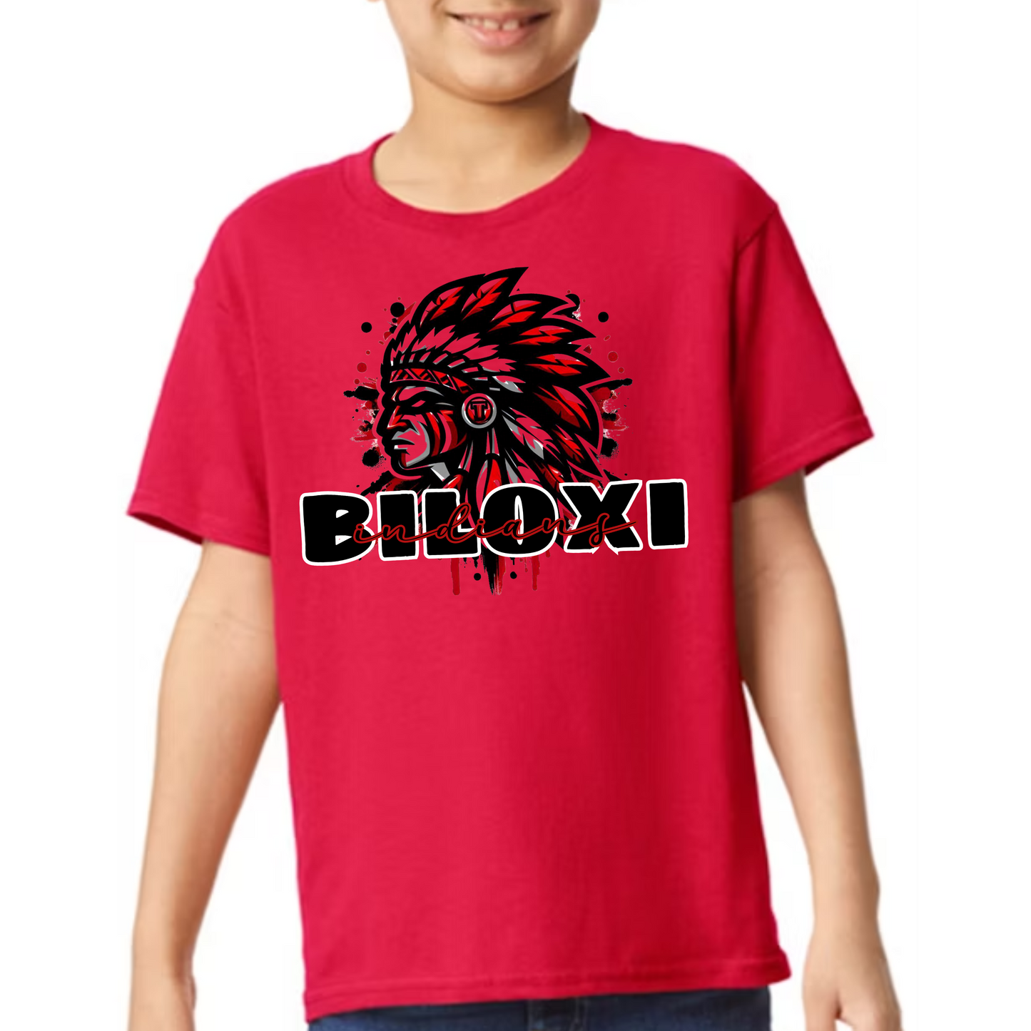 Biloxi Indians Splash Mascot Spirit Tee – Red, Black, and White Edition