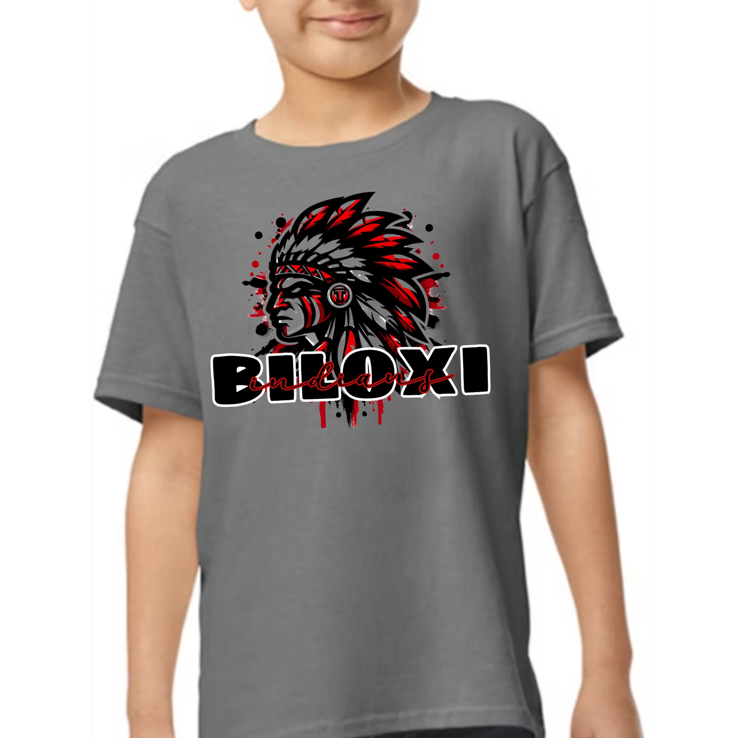 Biloxi Indians Splash Mascot Spirit Tee – Red, Black, and White Edition