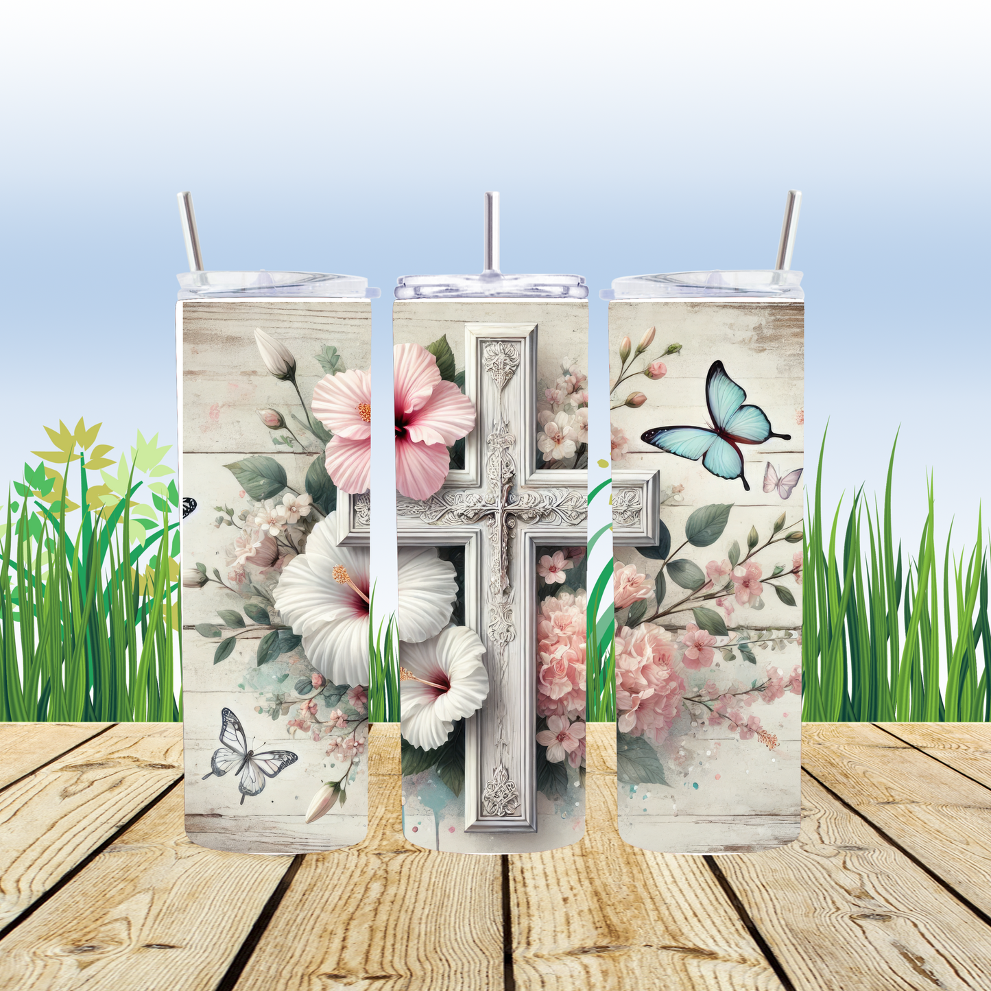 Faith & Grace 20 oz Tumbler – Cross, Flowers & Butterflies