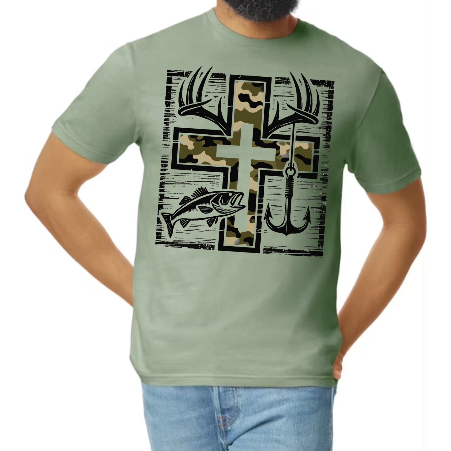 Faith, Hunt, & Hook Tee – Camo Cross with Antlers, Fish & Lure - Great Father's Day Gift