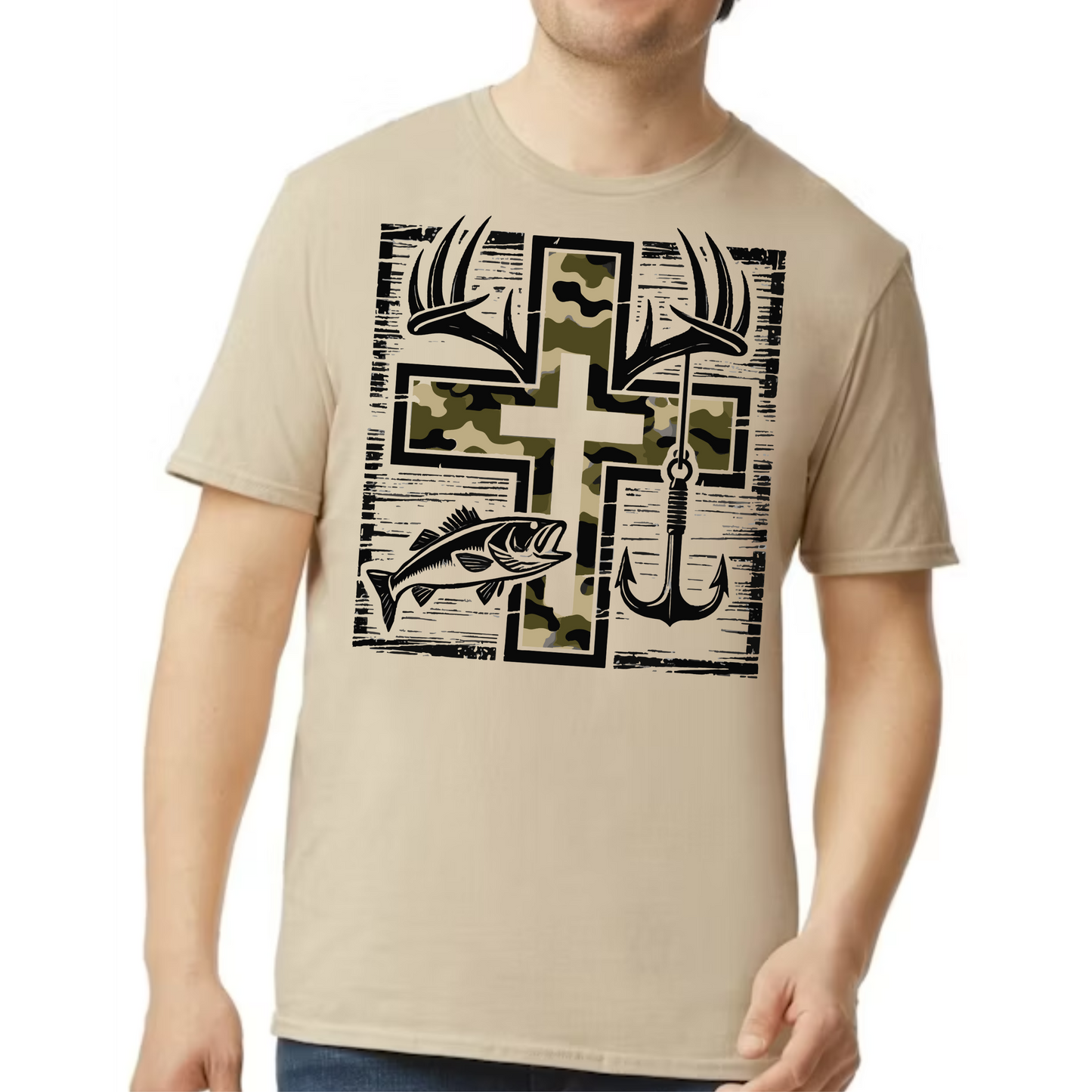 Faith, Hunt, & Hook Tee – Camo Cross with Antlers, Fish & Lure - Great Father's Day Gift