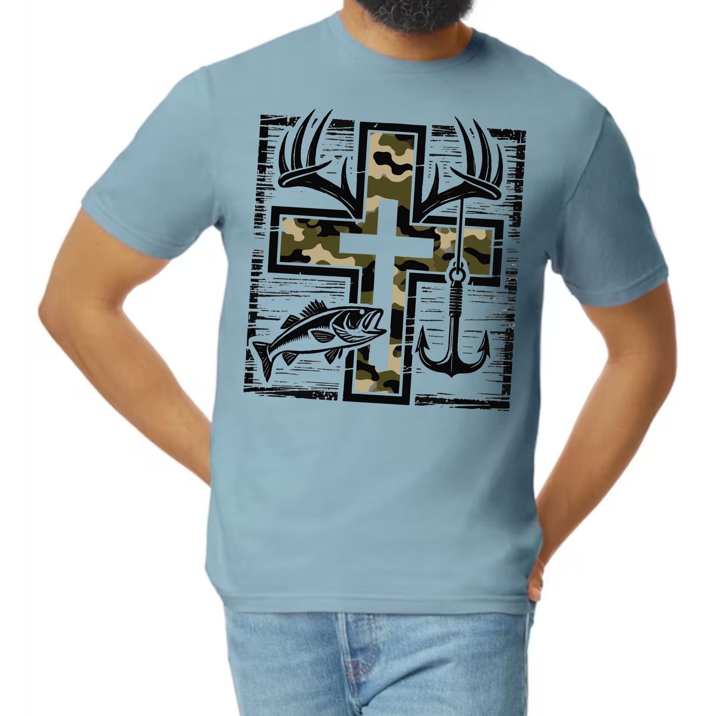 Faith, Hunt, & Hook Tee – Camo Cross with Antlers, Fish & Lure - Great Father's Day Gift