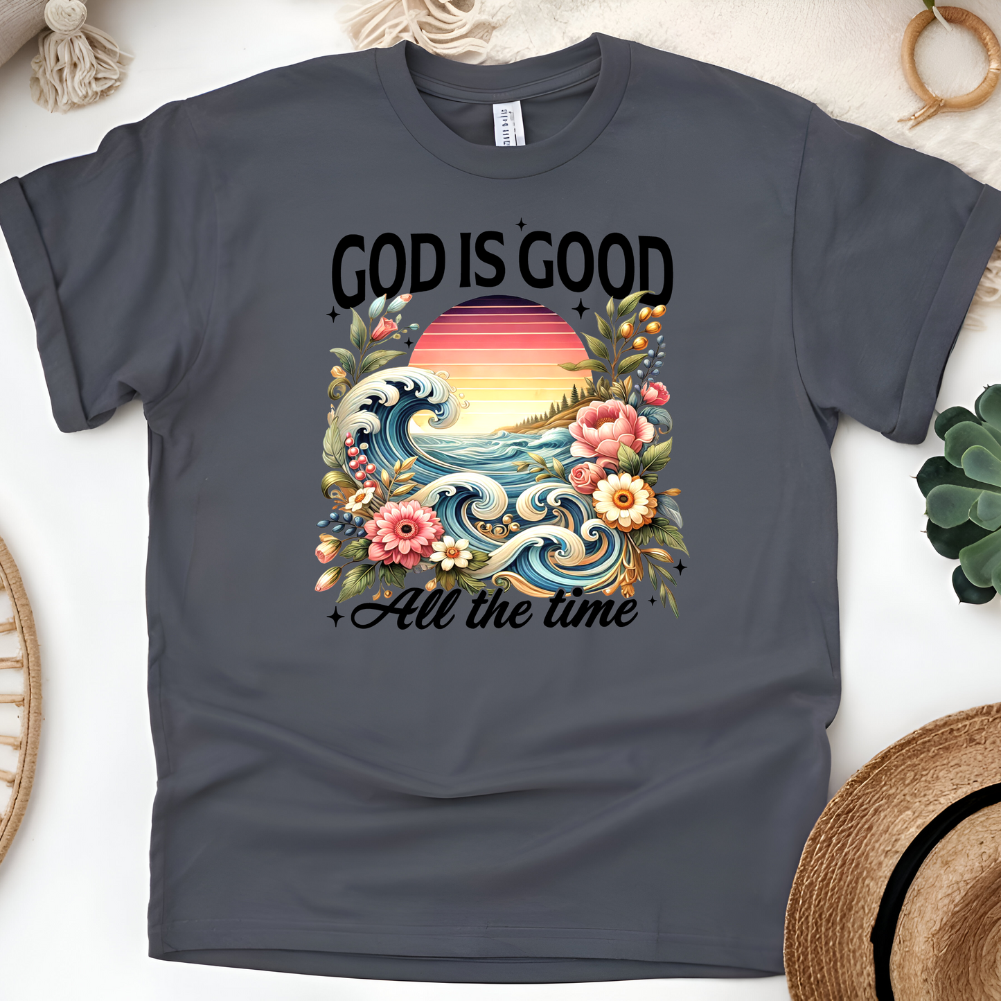 God Is Good All the Time Christian T-Shirt – Floral, Waves & Sunset Design