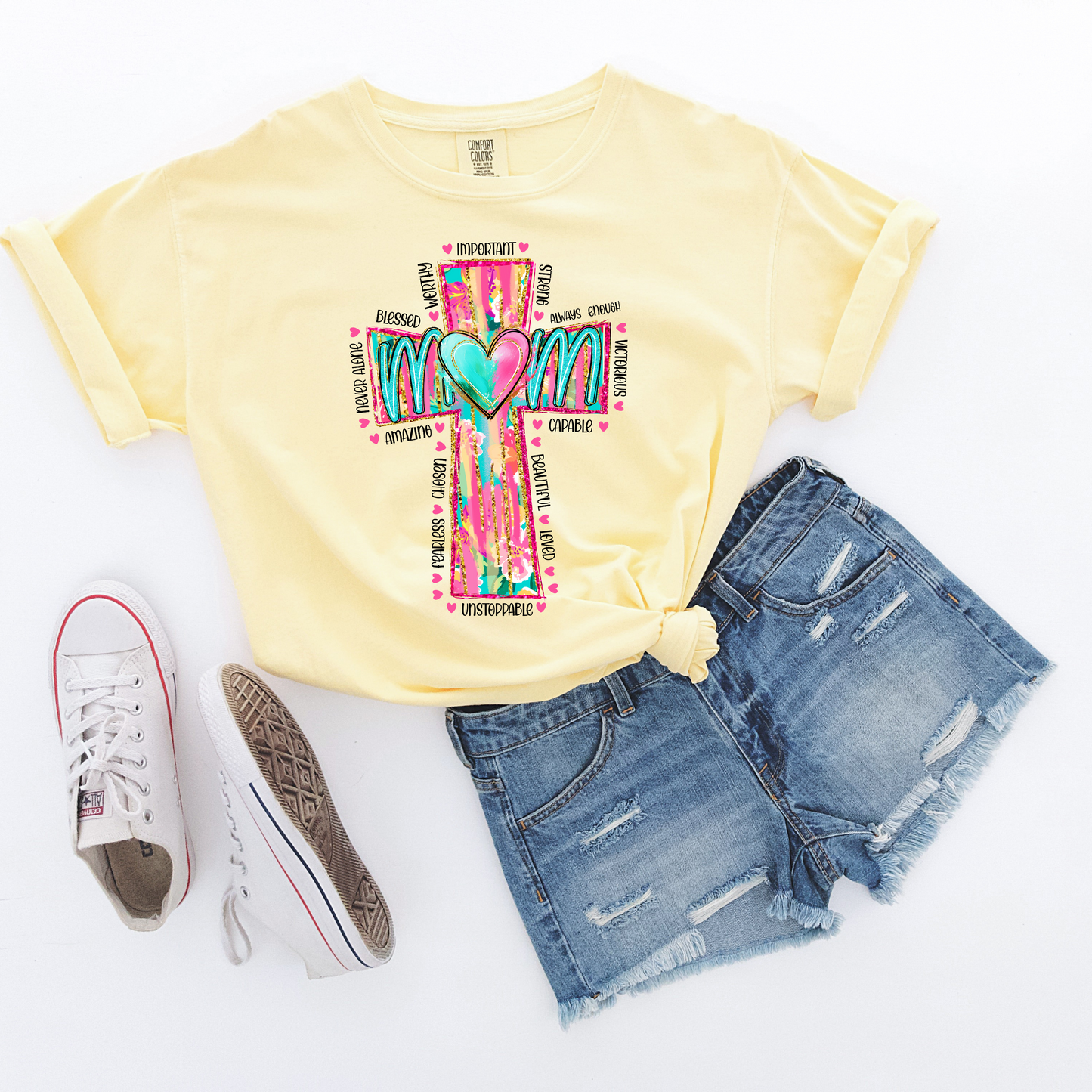 Faith-Filled Mom Tee – Spring Cross of Truth & Identity in Christ