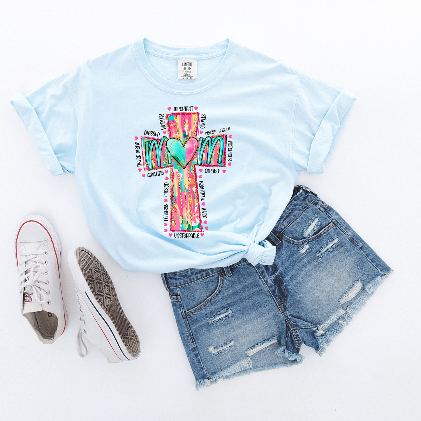 Faith-Filled Mom Tee – Spring Cross of Truth & Identity in Christ