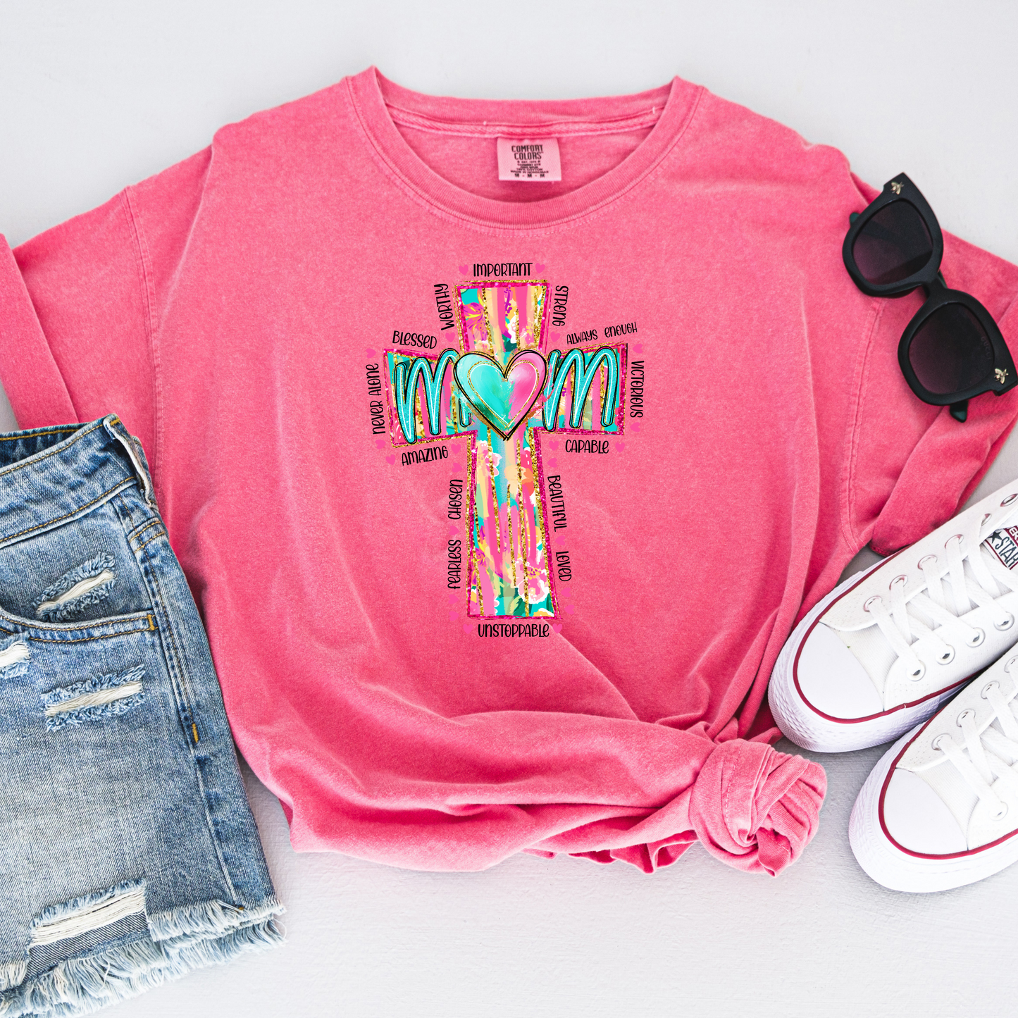 Faith-Filled Mom Tee – Spring Cross of Truth & Identity in Christ