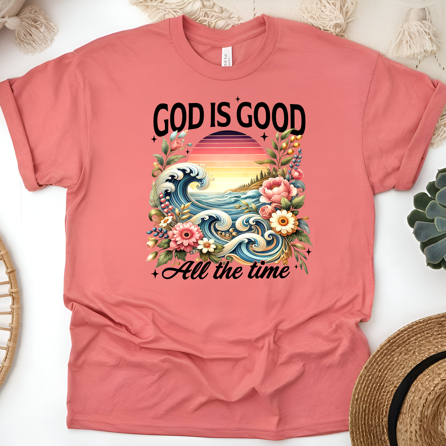 God Is Good All the Time Christian T-Shirt – Floral, Waves & Sunset Design