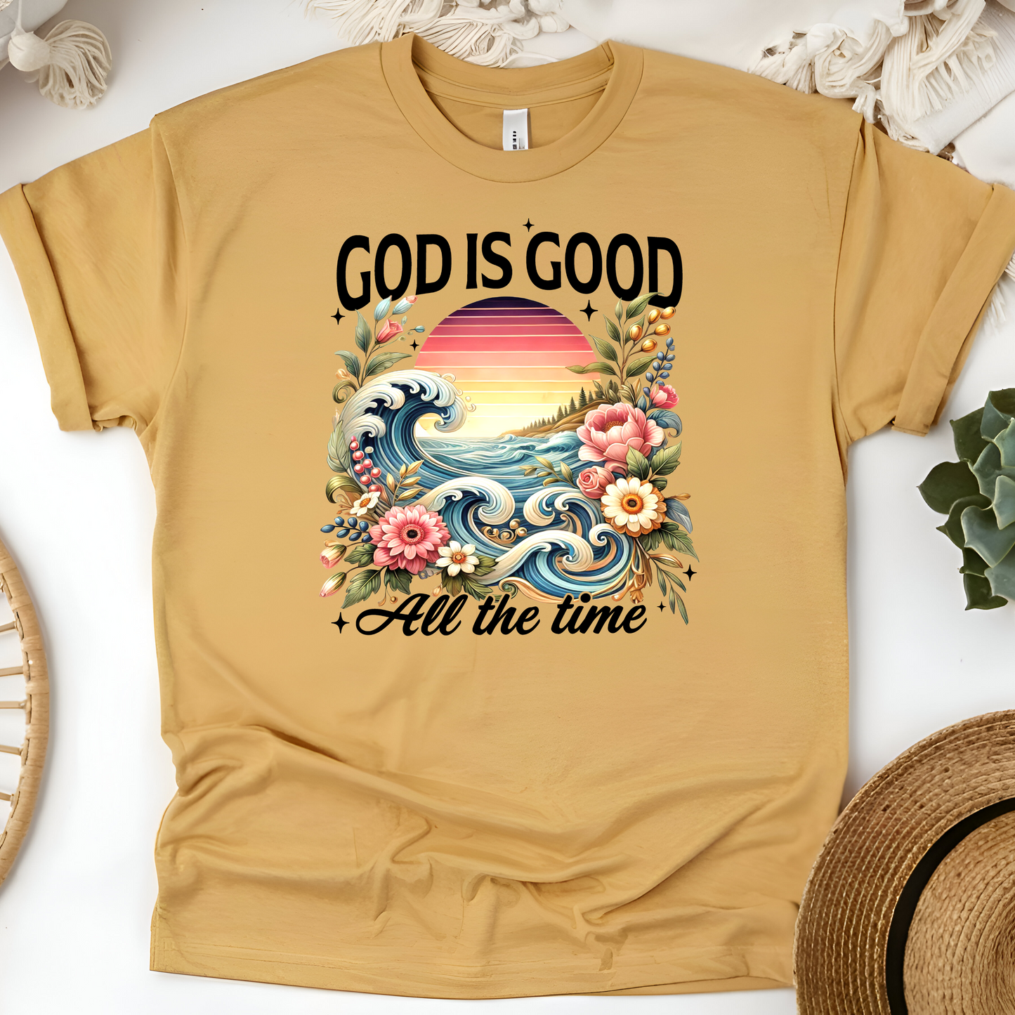 God Is Good All the Time Christian T-Shirt – Floral, Waves & Sunset Design