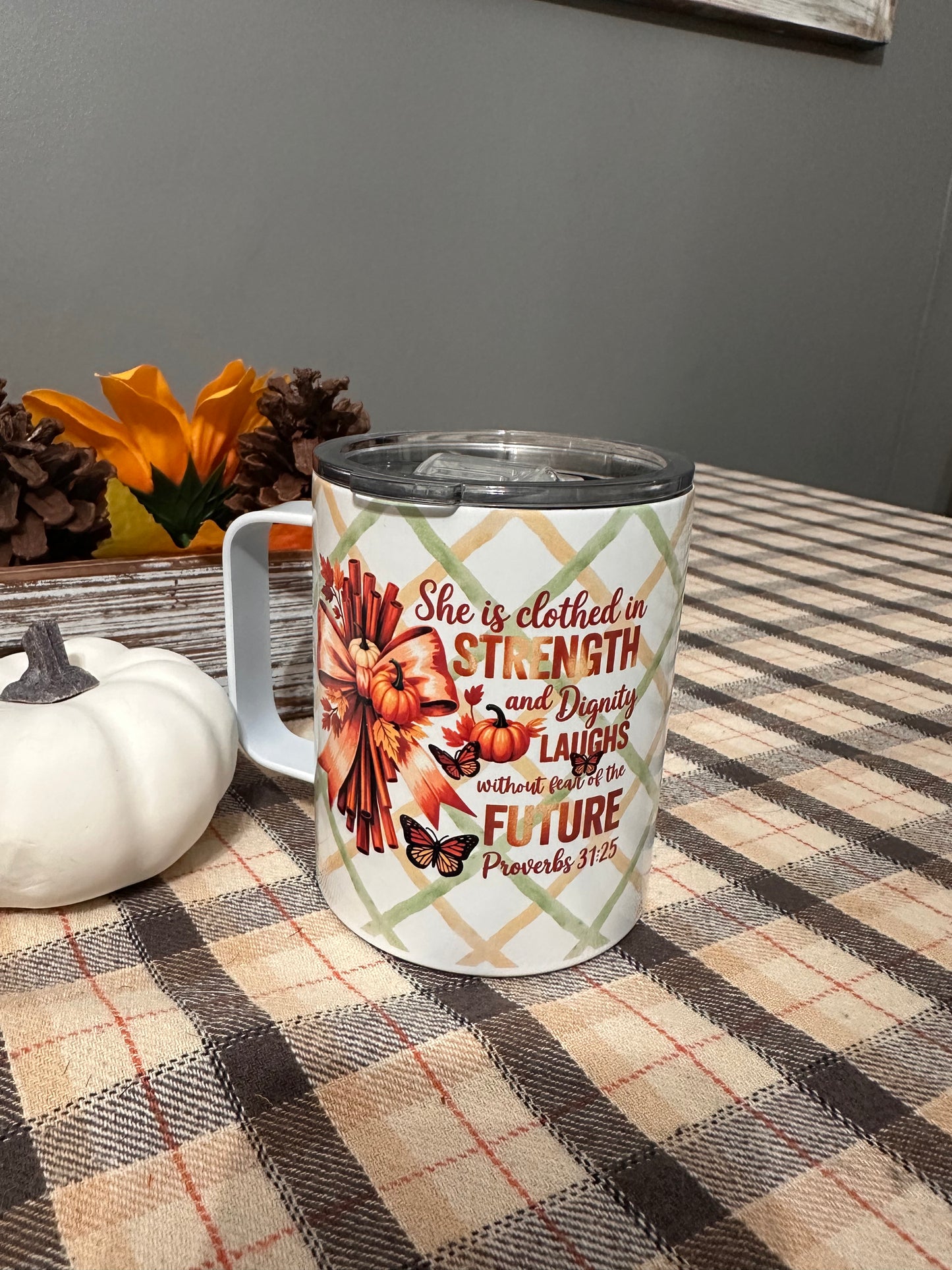 12 oz Stainless Steel Fall Mug – “Proverbs 31:25” Inspirational Design