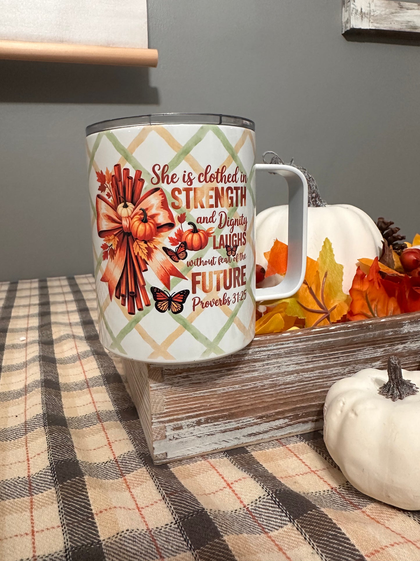 12 oz Stainless Steel Fall Mug – “Proverbs 31:25” Inspirational Design