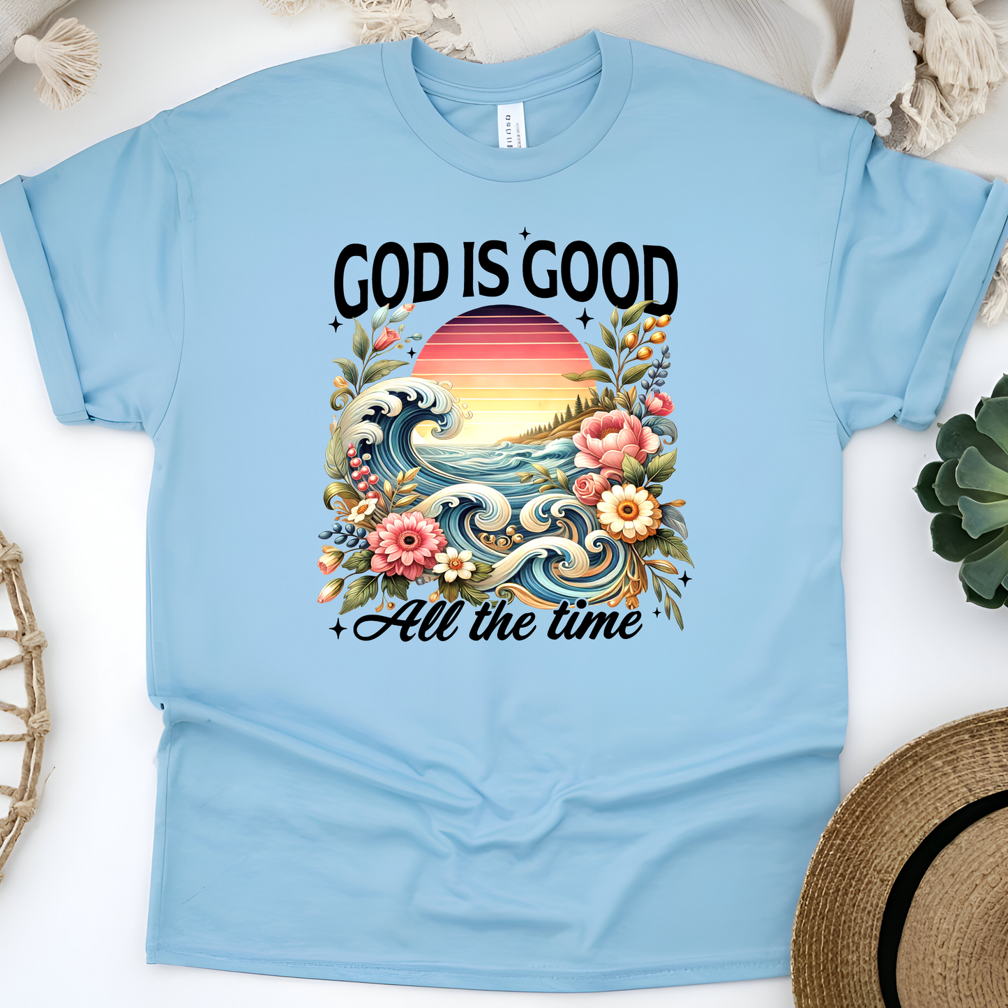 God Is Good All the Time Christian T-Shirt – Floral, Waves & Sunset Design