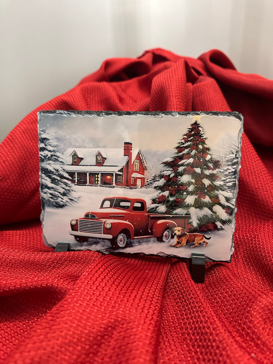 Old-Fashioned Christmas Red Truck 5x7 Slate Plaque – Vintage Holiday Home Décor #2