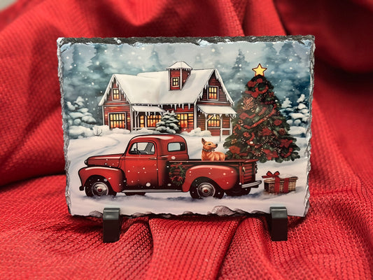 Old-Fashioned Christmas Red Truck 5x7 Slate Plaque – Vintage Holiday Home Décor #4