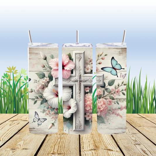 Faith & Grace 20 oz Tumbler – Cross, Flowers & Butterflies