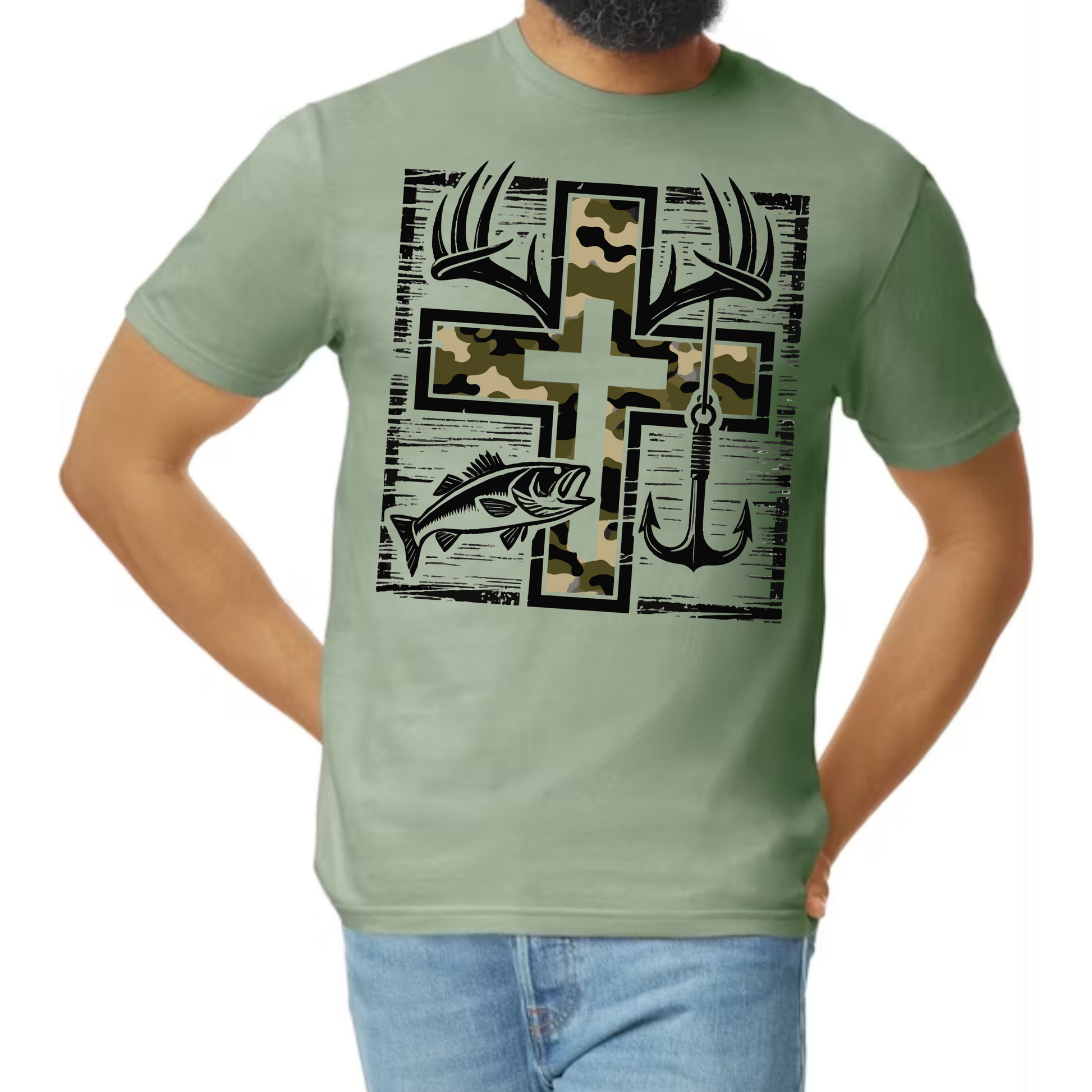 cross with antlers and fish hook Faith, Hunt, & Hook Tee – Camo Cross with Antlers, Fish & Lure