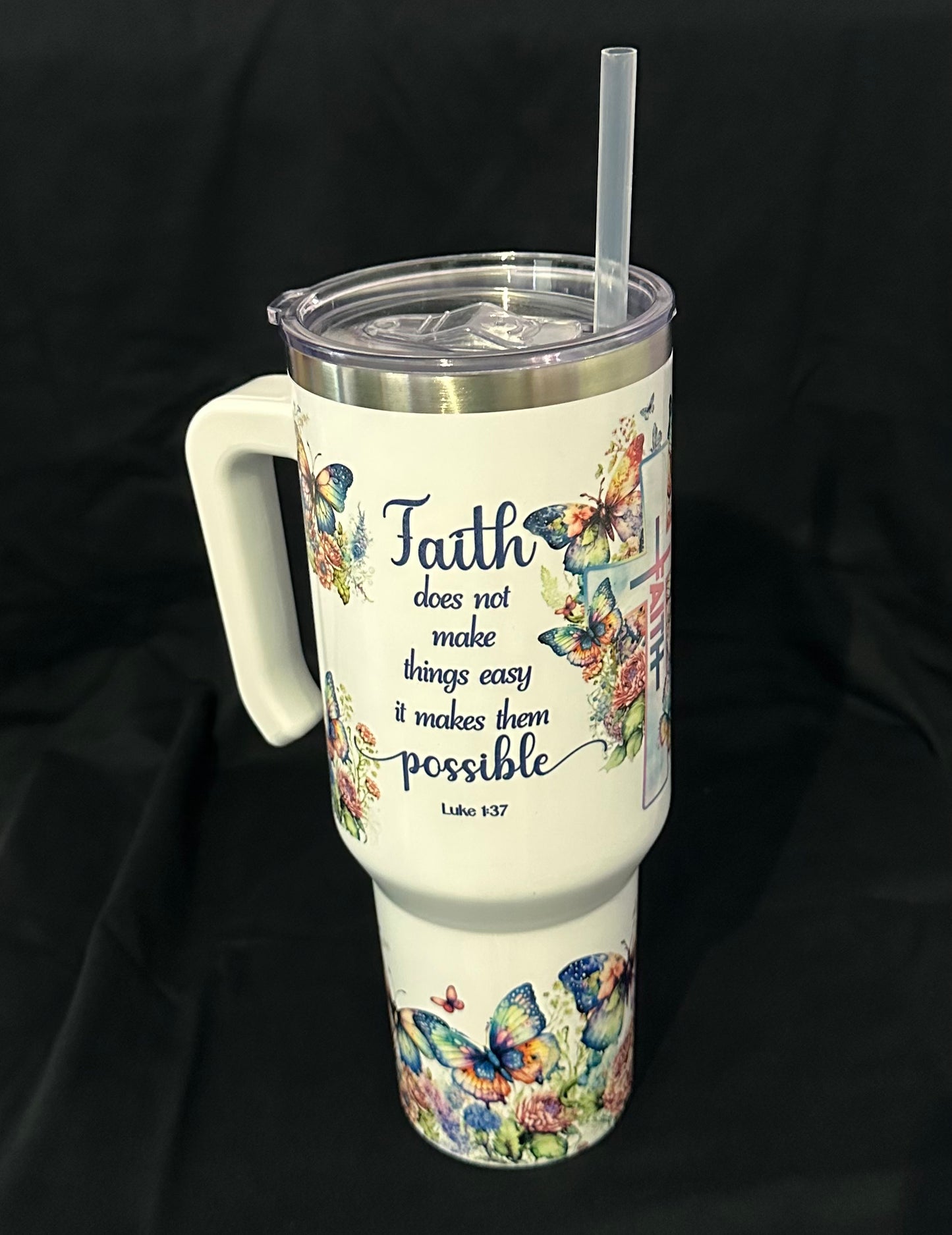 “Faith Makes It Possible” 40 oz Tumbler with Cross & Luke 1:37
