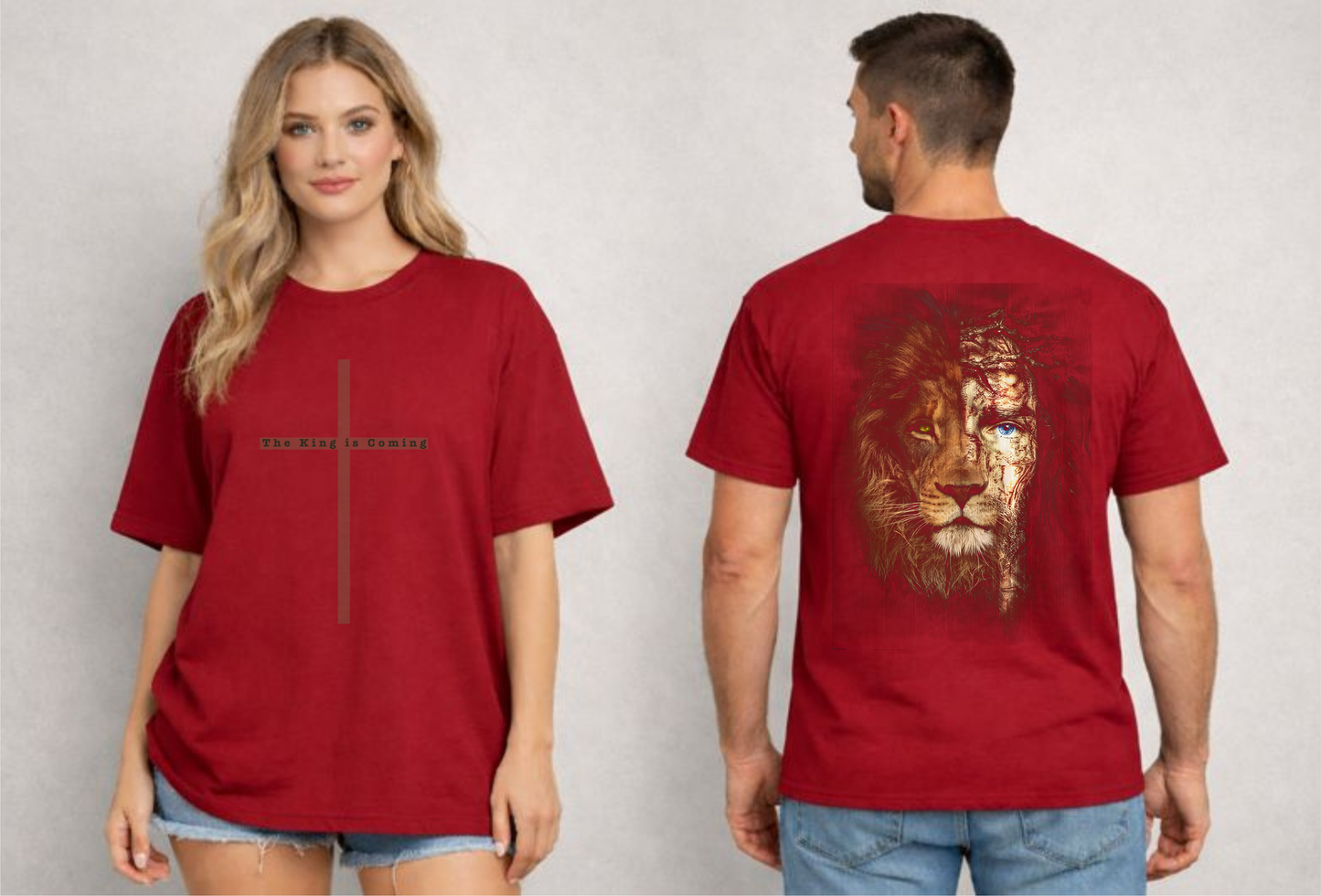 Red t-shirt with a lion design on the back worn by a person, displayed front and back.