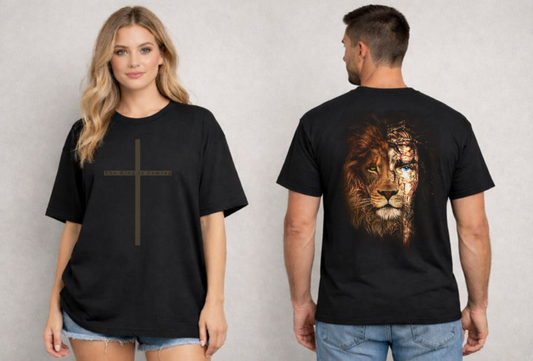 Two people wearing black t-shirts with a cross and a lion design, respectively.