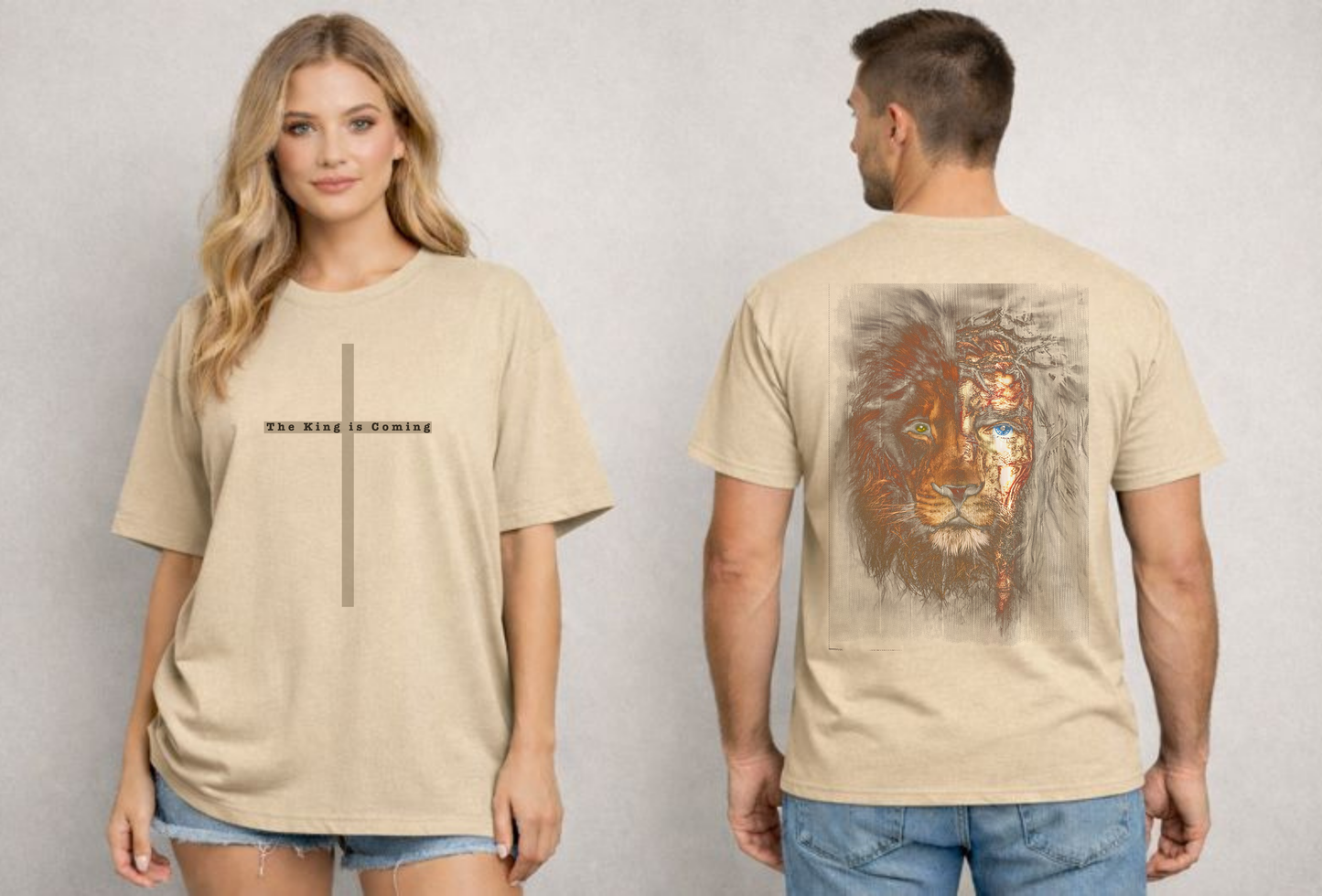 Two people wearing beige t-shirts, one with a design on the front and the other with a lion graphic on the back.